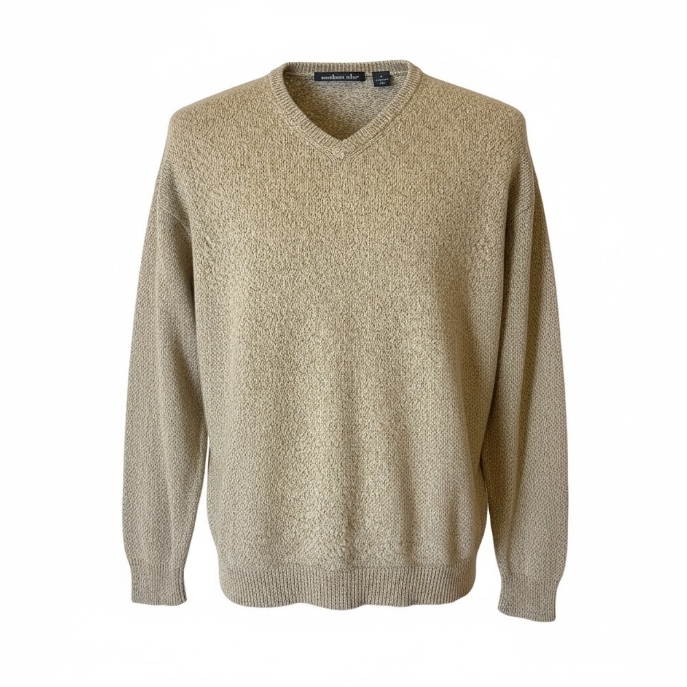Men’s XL Textured Cotton Sweater Neutral Beige V-Neck Knit Pullover